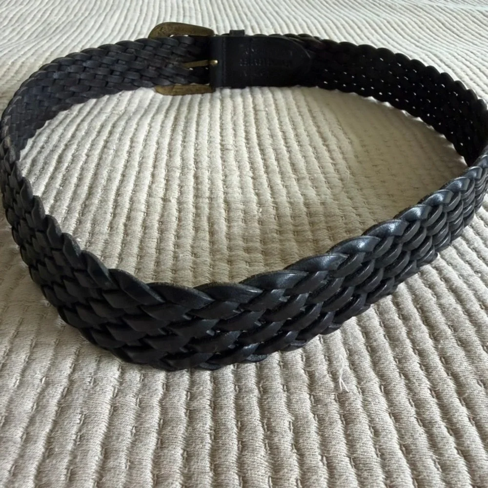 Braided Woven Leather Belt Womens M Black Genuine Leather Brass Buckle Vintage